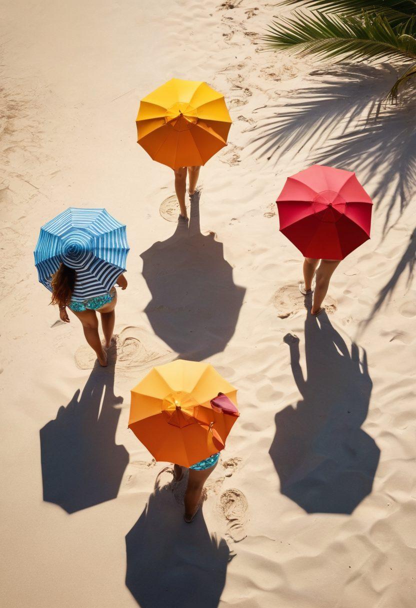 A vibrant beach scene featuring diverse women of various body types showcasing trendy swimsuits and beachwear. Include colorful umbrellas, sun hats, and tropical accessories, with the ocean waves gently splashing in the background. The atmosphere should radiate warmth and joy, capturing the essence of a perfect summer day. sunlight filtering through palm trees. super-realistic. vibrant colors.